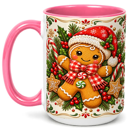 #pl[15oz|Pink] Gingerbread Girl Coffee Mug, Candy Cane Mug, Ceramic Cup