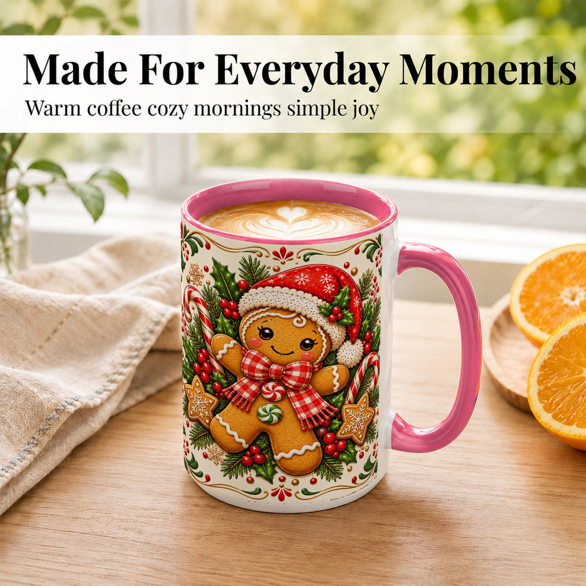 #pl[15oz|Pink] Gingerbread Girl Coffee Mug, Candy Cane Mug, Ceramic Cup