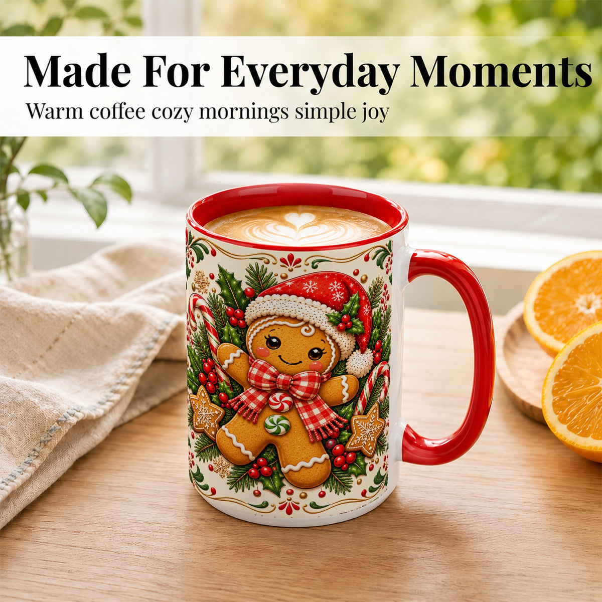 #pl[15oz|Red] Gingerbread Girl Coffee Mug, Candy Cane Mug, Ceramic Cup