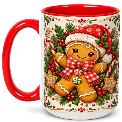 #pl[15oz|Red] Gingerbread Girl Coffee Mug, Candy Cane Mug, Ceramic Cup