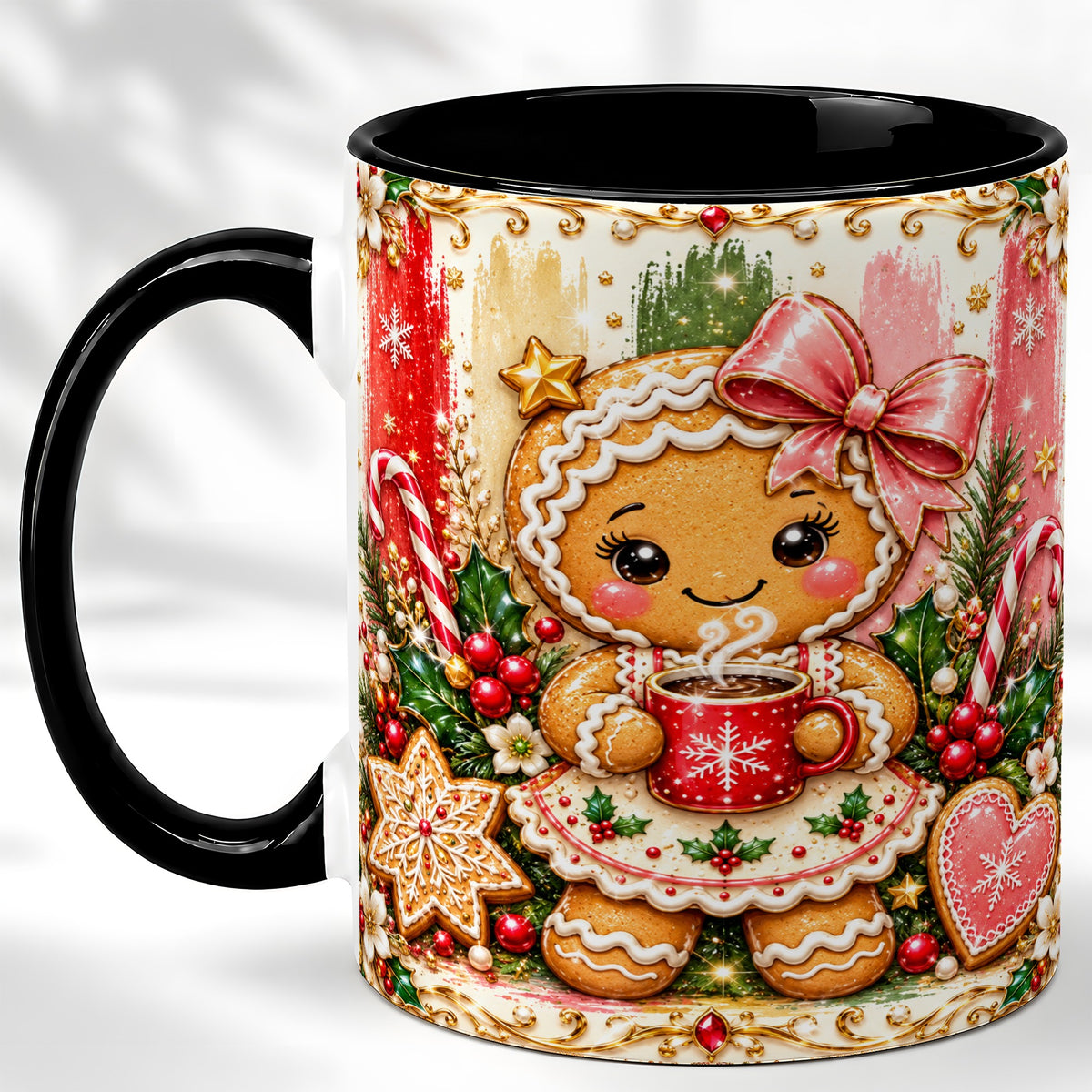 #pl[11oz|Black] Gingerbread Girl Coffee Mug, Christmas Cocoa Mug, Ceramic Cup