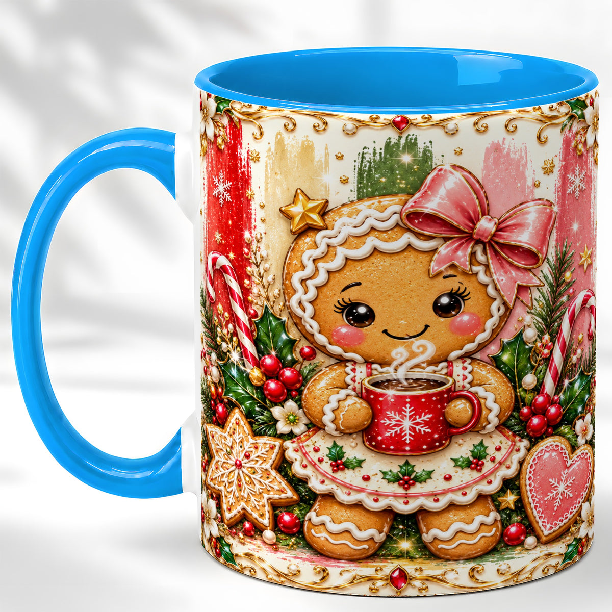 #pl[11oz|Blue] Gingerbread Girl Coffee Mug, Christmas Cocoa Mug, Ceramic Cup
