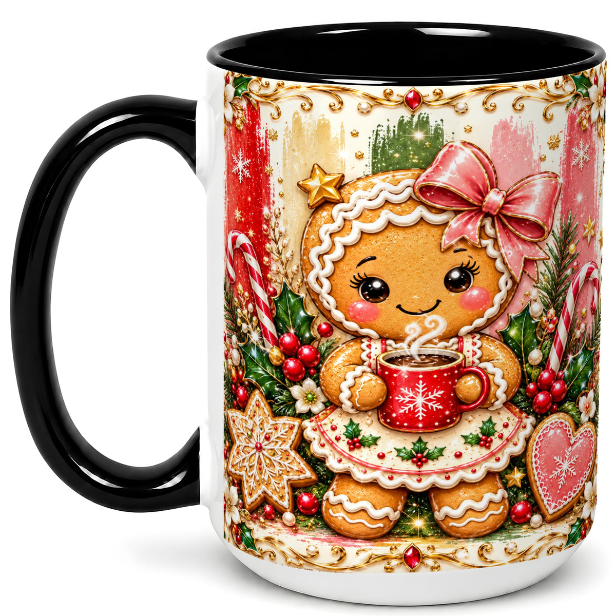 #pl[15oz|Black] Gingerbread Girl Coffee Mug, Christmas Cocoa Mug, Ceramic Cup