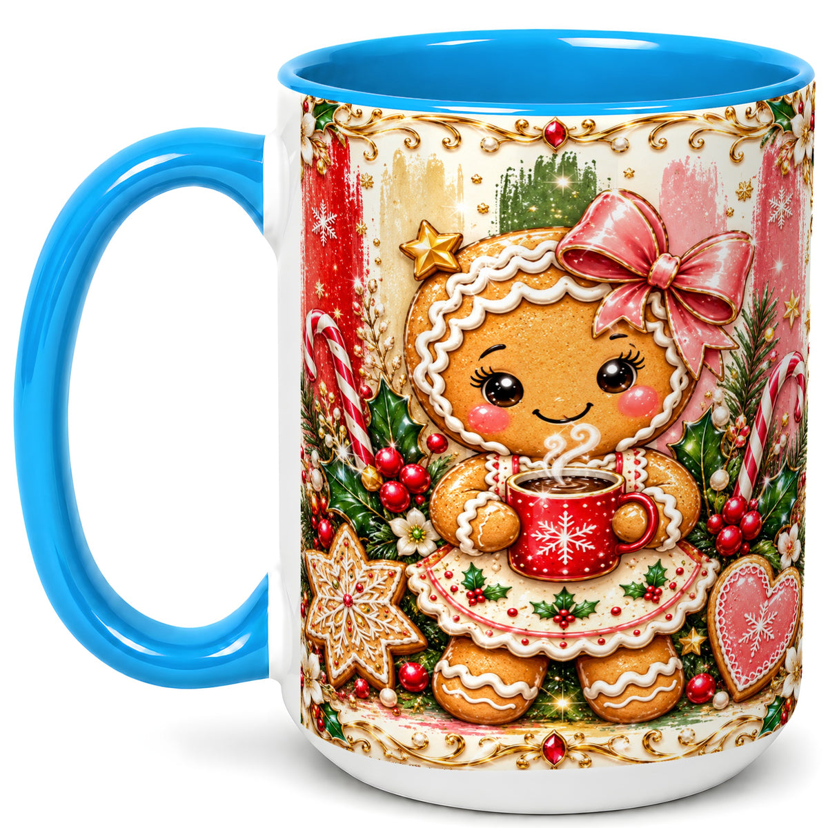 #pl[15oz|Blue] Gingerbread Girl Coffee Mug, Christmas Cocoa Mug, Ceramic Cup