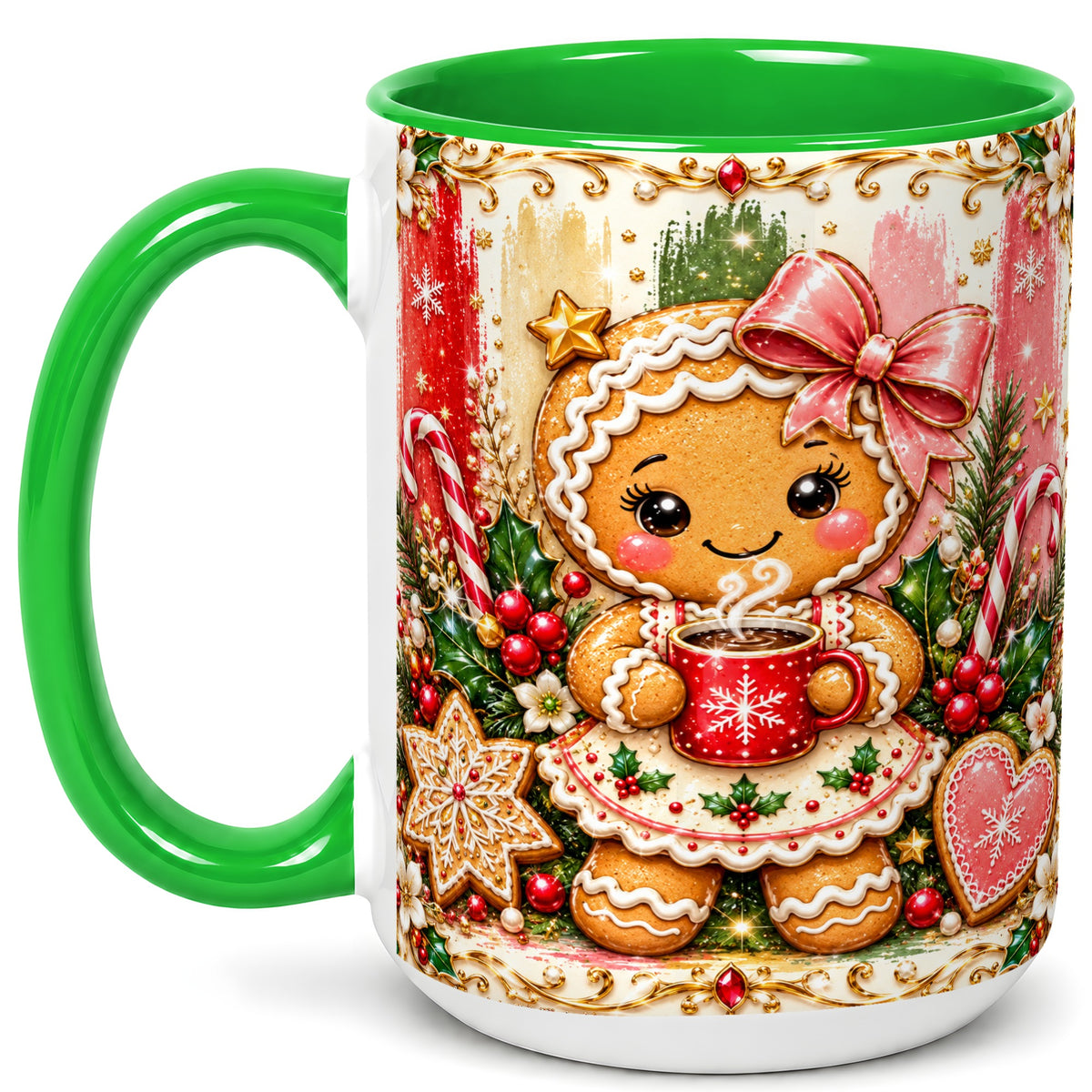 #pl[15oz|Green] Gingerbread Girl Coffee Mug, Christmas Cocoa Mug, Ceramic Cup
