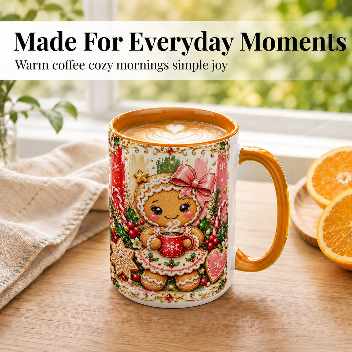 #pl[15oz|Orange] Gingerbread Girl Coffee Mug, Christmas Cocoa Mug, Ceramic Cup