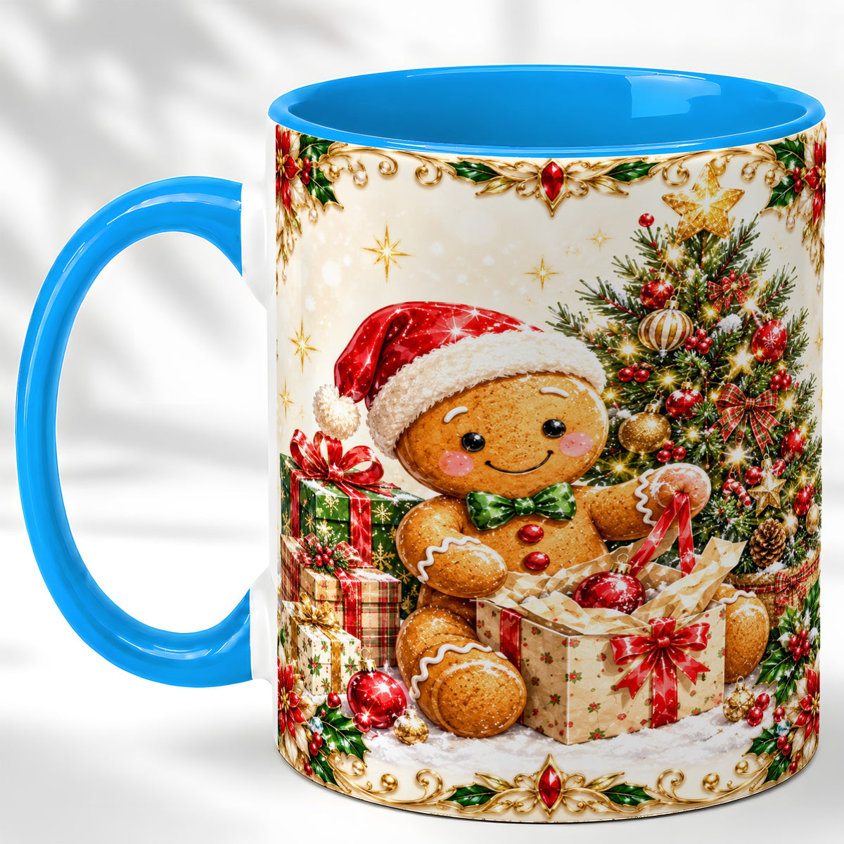 #pl[11oz|Blue] Gingerbread Christmas Coffee Mug, Holiday Gingerbread Mug, Ceramic Cup