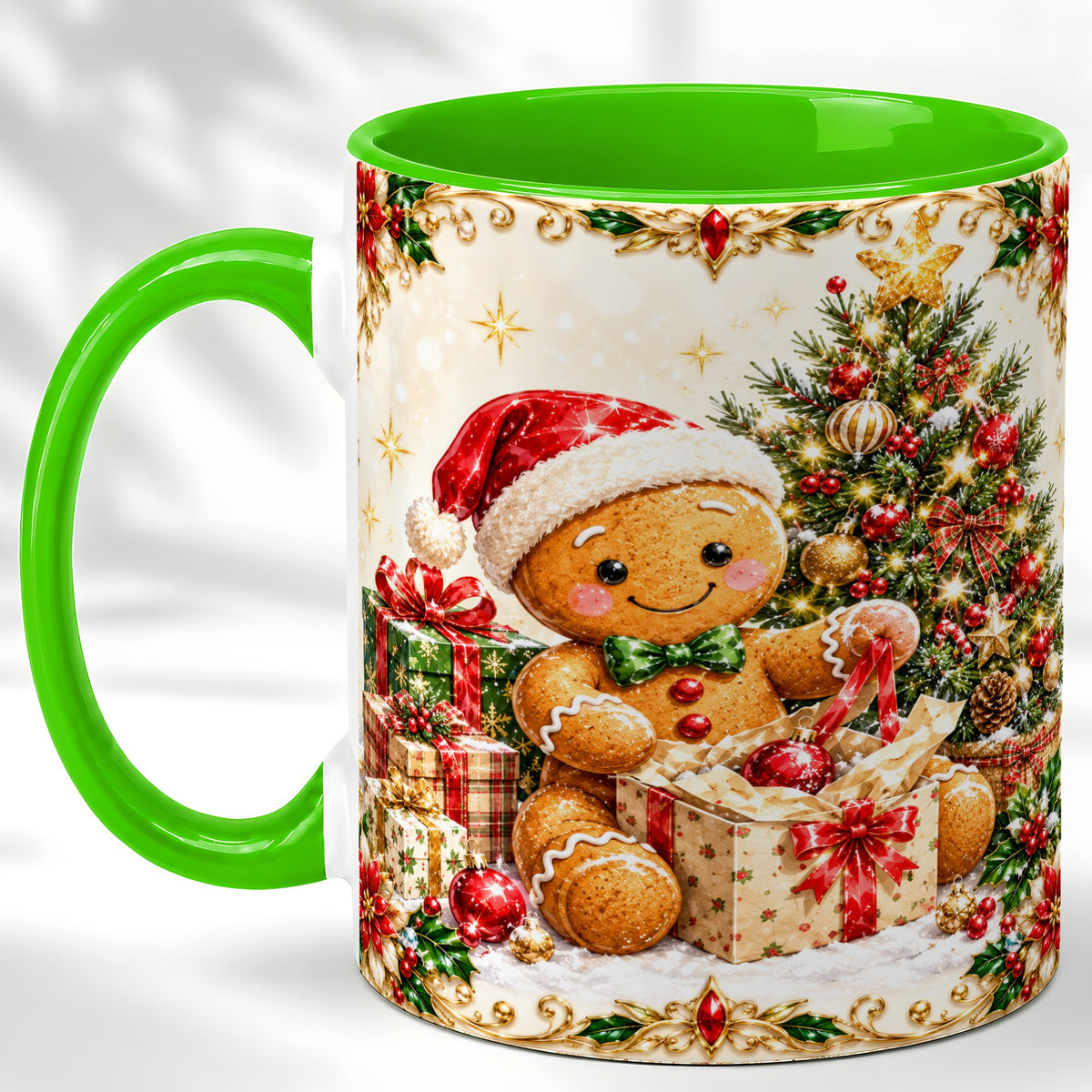 #pl[11oz|Green] Gingerbread Christmas Coffee Mug, Holiday Gingerbread Mug, Ceramic Cup