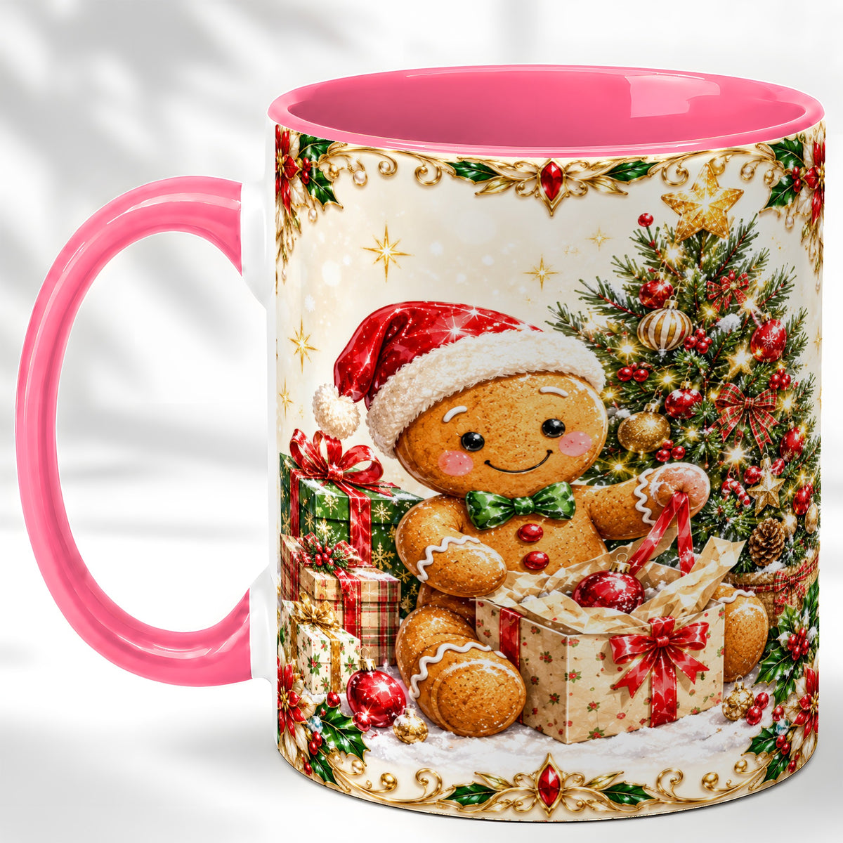 #pl[11oz|Pink] Gingerbread Christmas Coffee Mug, Holiday Gingerbread Mug, Ceramic Cup