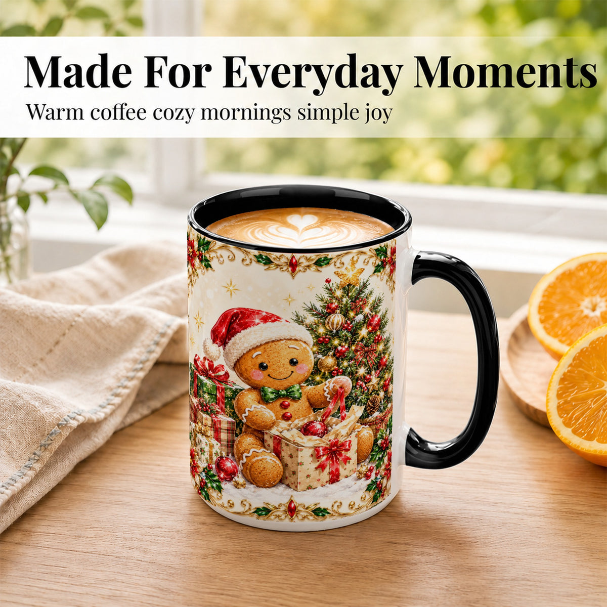#pl[15oz|Black] Gingerbread Christmas Coffee Mug, Holiday Gingerbread Mug, Ceramic Cup