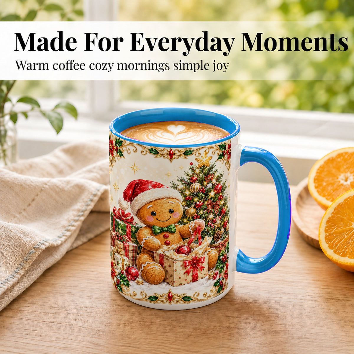 #pl[15oz|Blue] Gingerbread Christmas Coffee Mug, Holiday Gingerbread Mug, Ceramic Cup