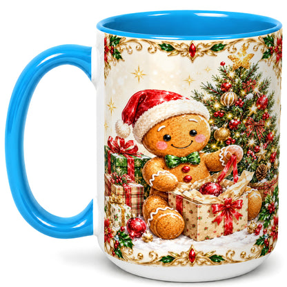 #pl[15oz|Blue] Gingerbread Christmas Coffee Mug, Holiday Gingerbread Mug, Ceramic Cup