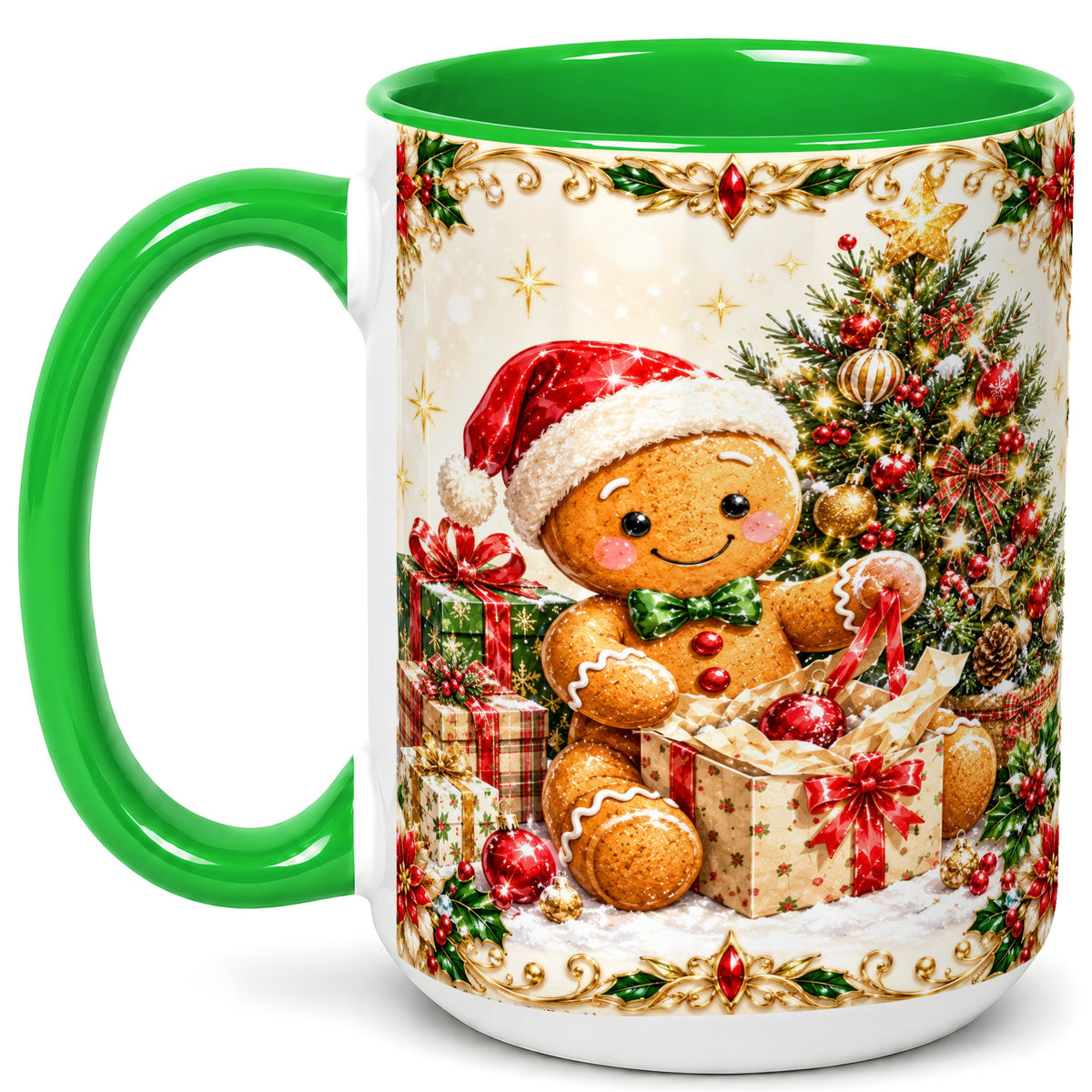 #pl[15oz|Green] Gingerbread Christmas Coffee Mug, Holiday Gingerbread Mug, Ceramic Cup