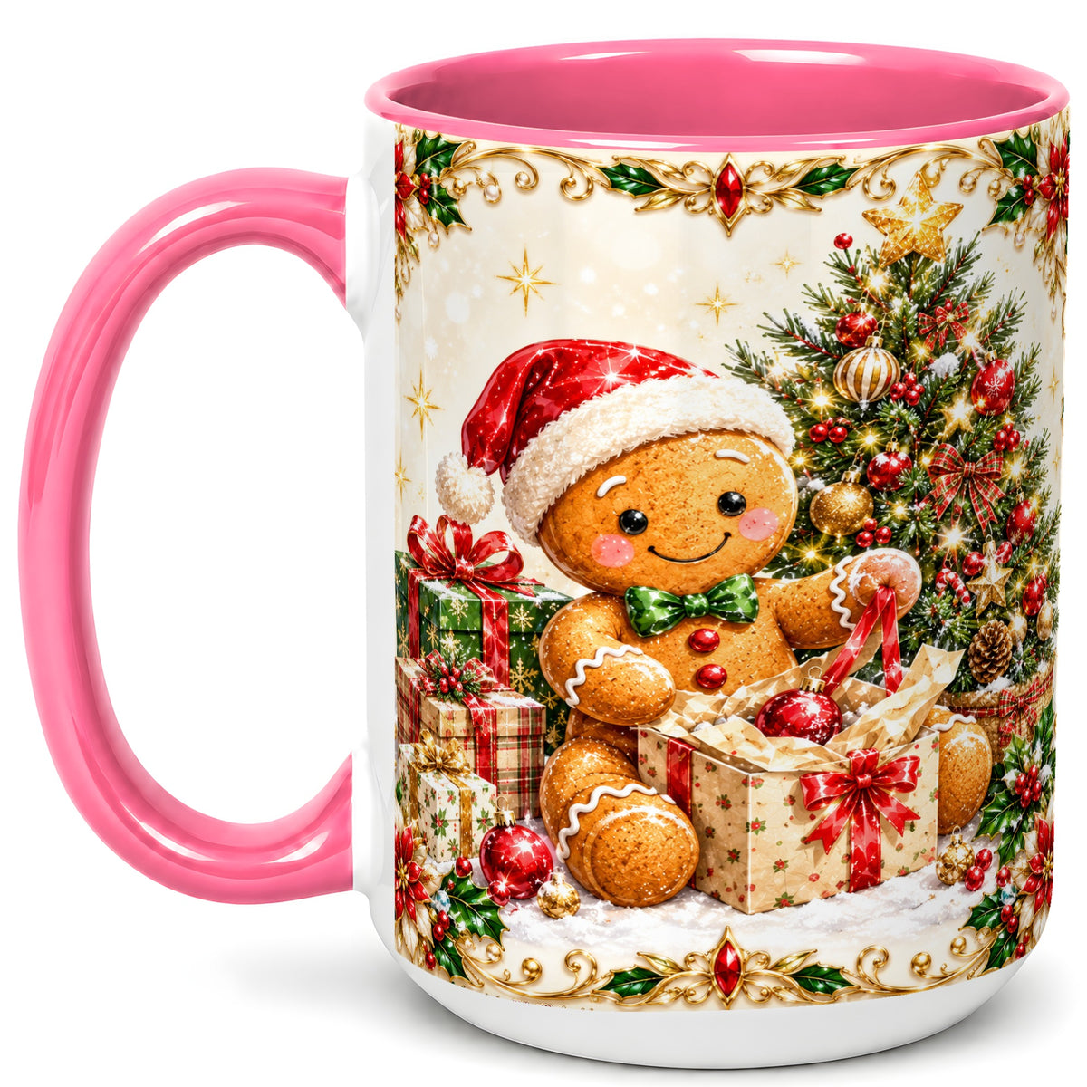 #pl[15oz|Pink] Gingerbread Christmas Coffee Mug, Holiday Gingerbread Mug, Ceramic Cup