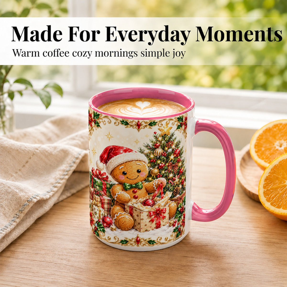 #pl[15oz|Pink] Gingerbread Christmas Coffee Mug, Holiday Gingerbread Mug, Ceramic Cup