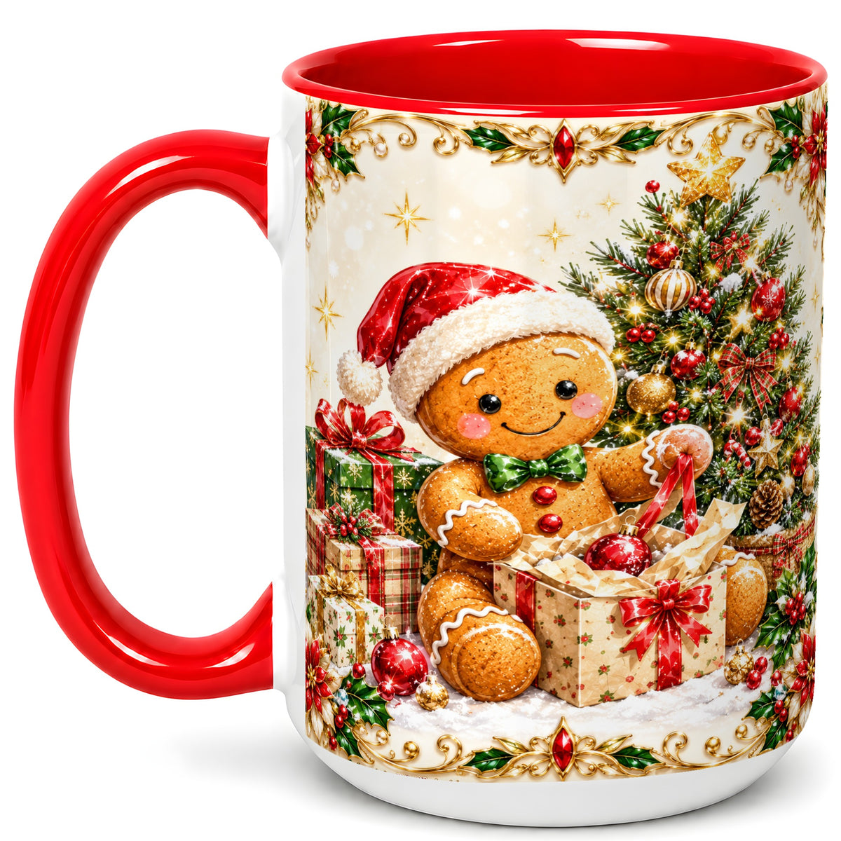 #pl[15oz|Red] Gingerbread Christmas Coffee Mug, Holiday Gingerbread Mug, Ceramic Cup