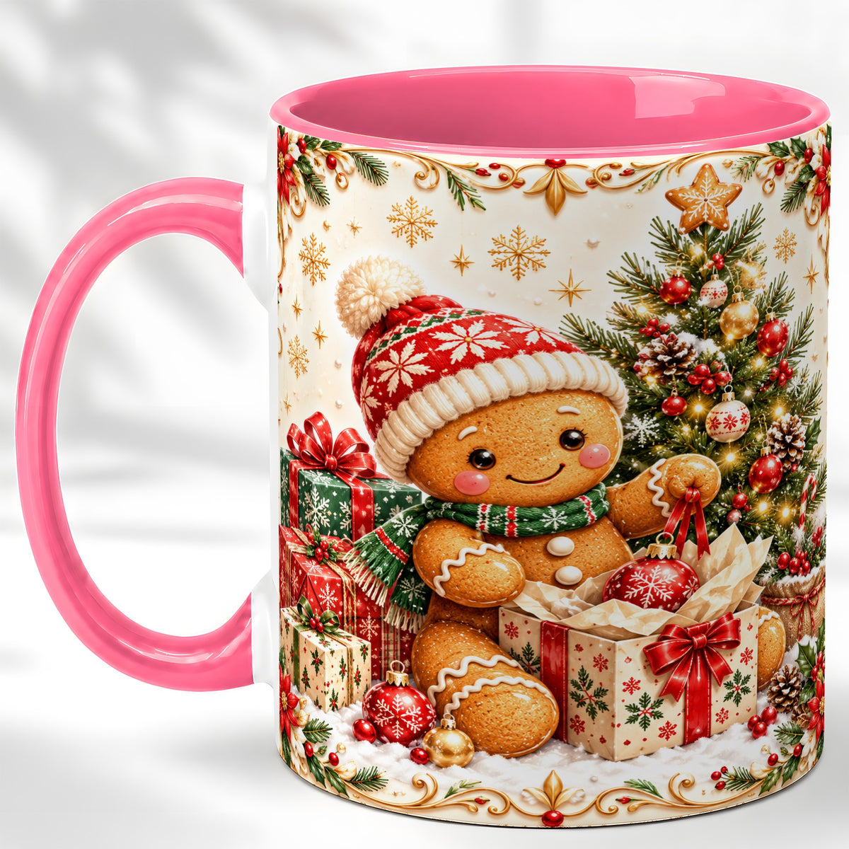 #pl[11oz|Pink] Cozy Gingerbread Coffee Mug, Christmas Cookie Mug, Ceramic Cup