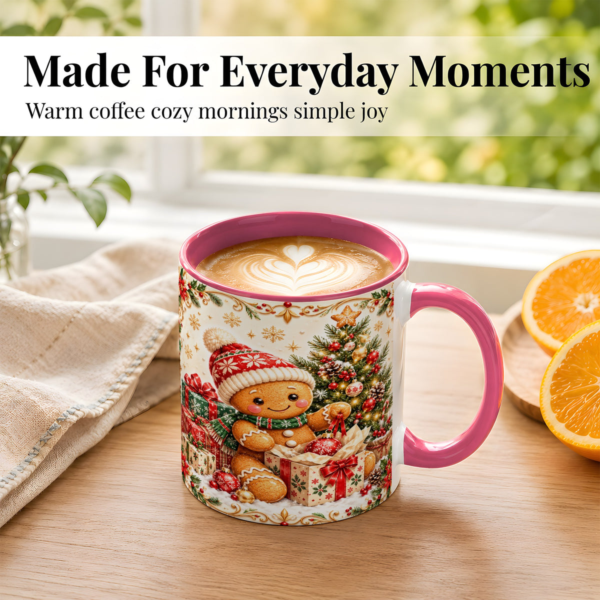 #pl[11oz|Pink] Cozy Gingerbread Coffee Mug, Christmas Cookie Mug, Ceramic Cup