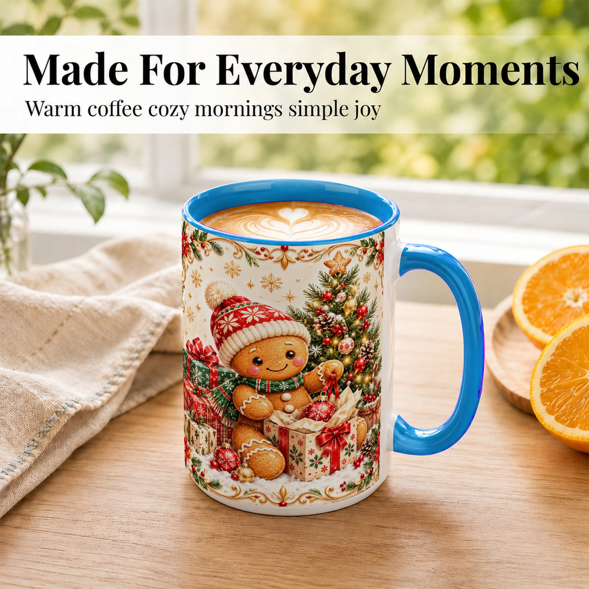 #pl[15oz|Blue] Cozy Gingerbread Coffee Mug, Christmas Cookie Mug, Ceramic Cup