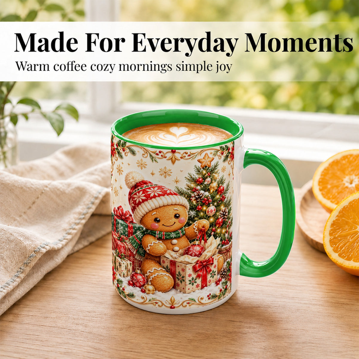 #pl[15oz|Green] Cozy Gingerbread Coffee Mug, Christmas Cookie Mug, Ceramic Cup