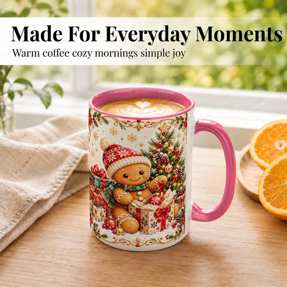#pl[15oz|Pink] Cozy Gingerbread Coffee Mug, Christmas Cookie Mug, Ceramic Cup