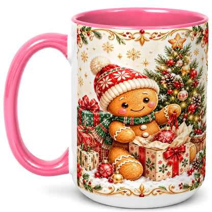 #pl[15oz|Pink] Cozy Gingerbread Coffee Mug, Christmas Cookie Mug, Ceramic Cup