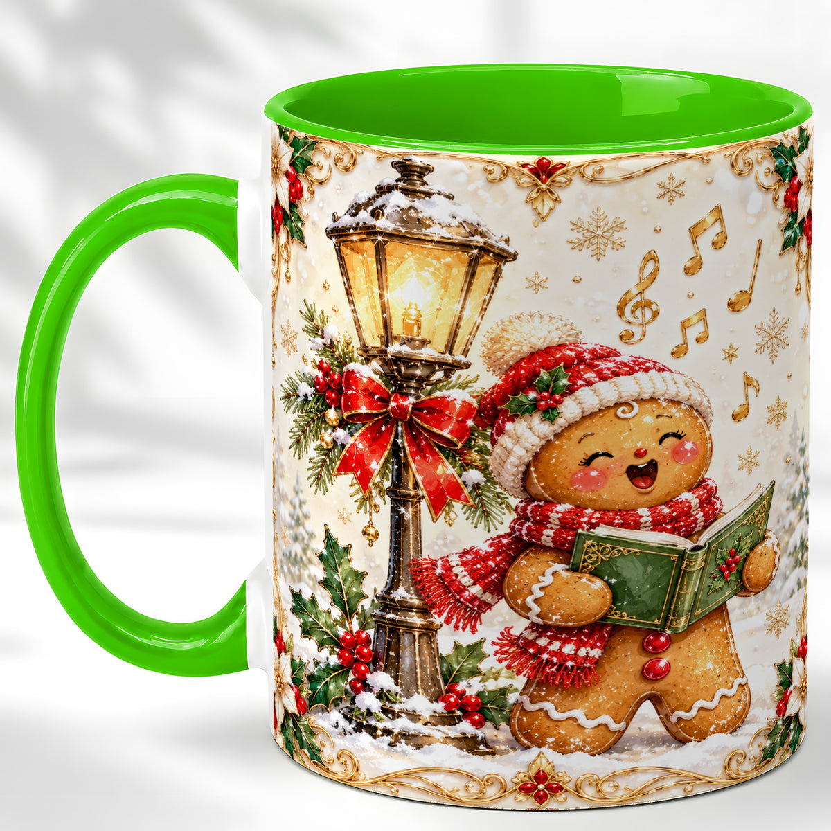 #pl[11oz|Green] Christmas Carol Gingerbread Coffee Mug, Holiday Singer Mug, Ceramic Cup