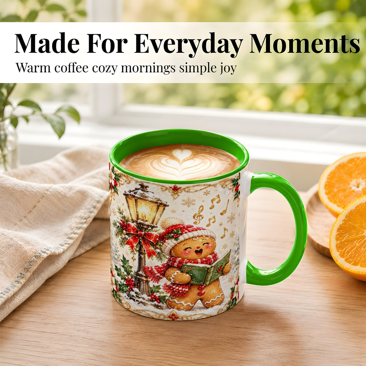 #pl[11oz|Green] Christmas Carol Gingerbread Coffee Mug, Holiday Singer Mug, Ceramic Cup