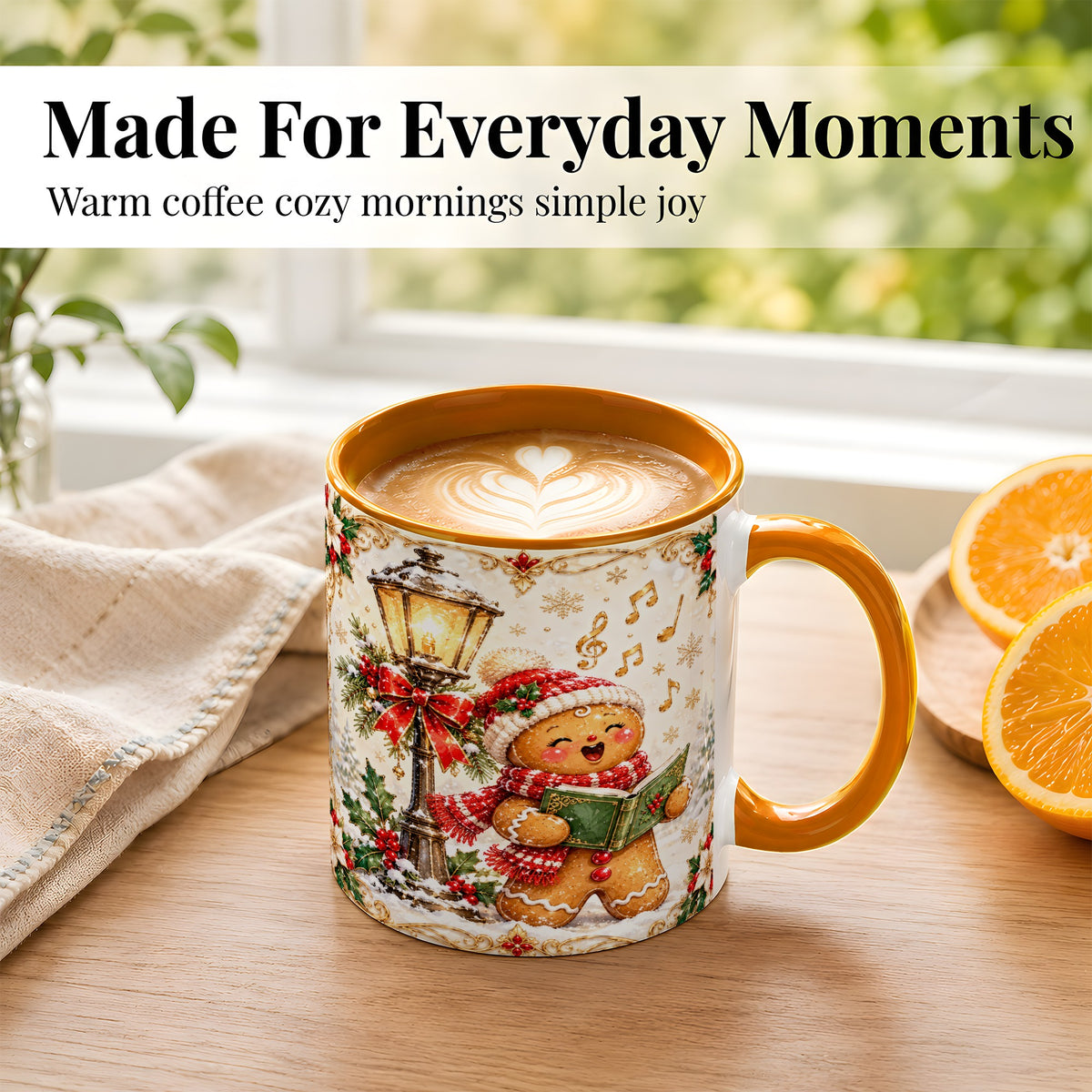#pl[11oz|Orange] Christmas Carol Gingerbread Coffee Mug, Holiday Singer Mug, Ceramic Cup