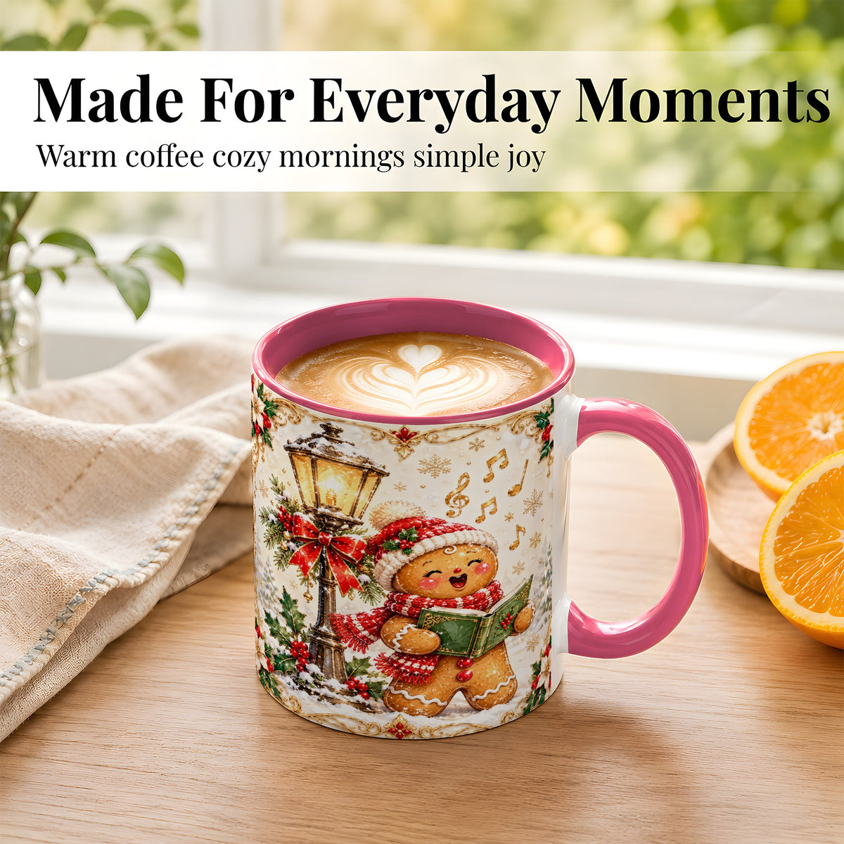 #pl[11oz|Pink] Christmas Carol Gingerbread Coffee Mug, Holiday Singer Mug, Ceramic Cup