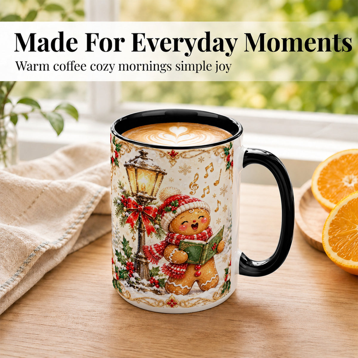 #pl[15oz|Black] Christmas Carol Gingerbread Coffee Mug, Holiday Singer Mug, Ceramic Cup