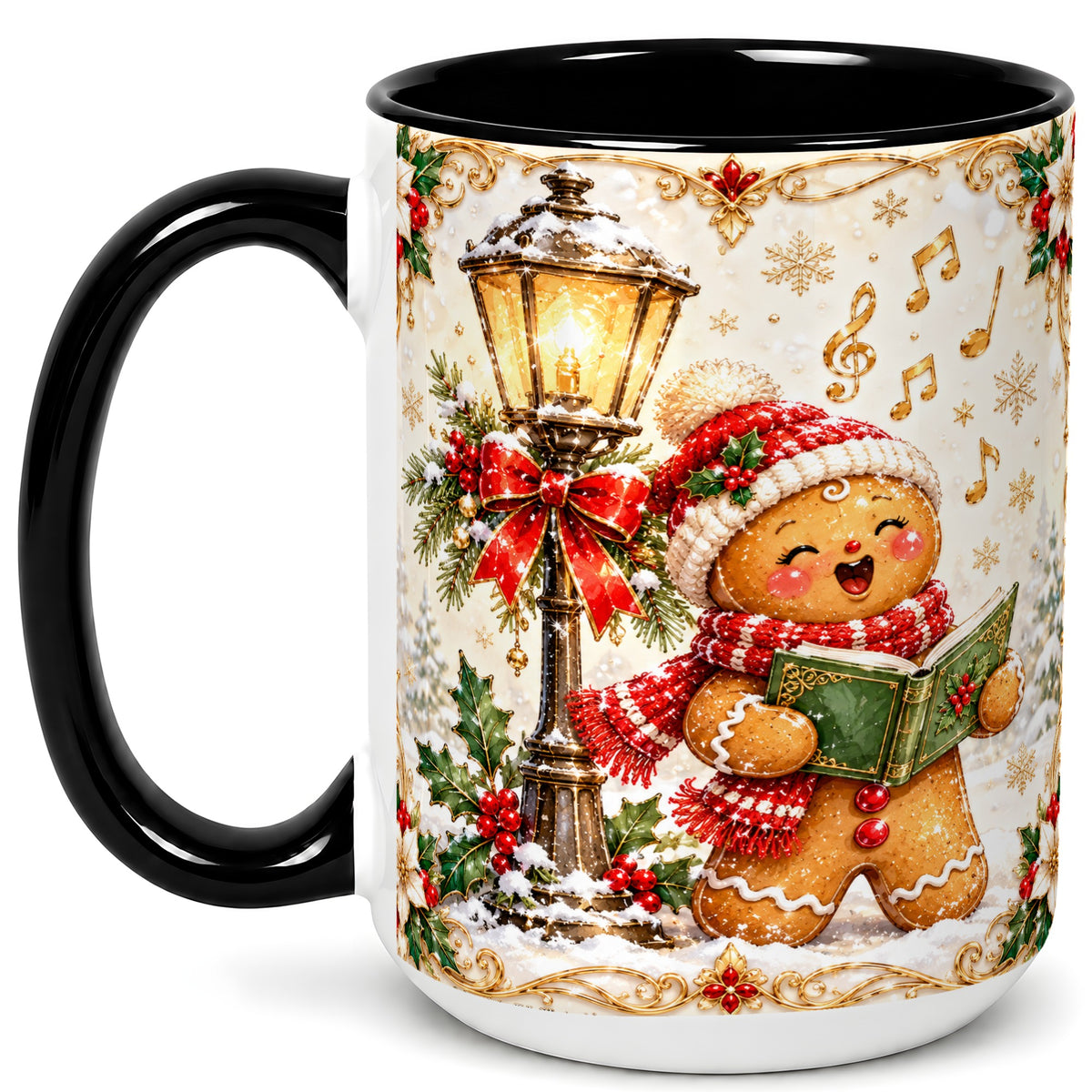 #pl[15oz|Black] Christmas Carol Gingerbread Coffee Mug, Holiday Singer Mug, Ceramic Cup