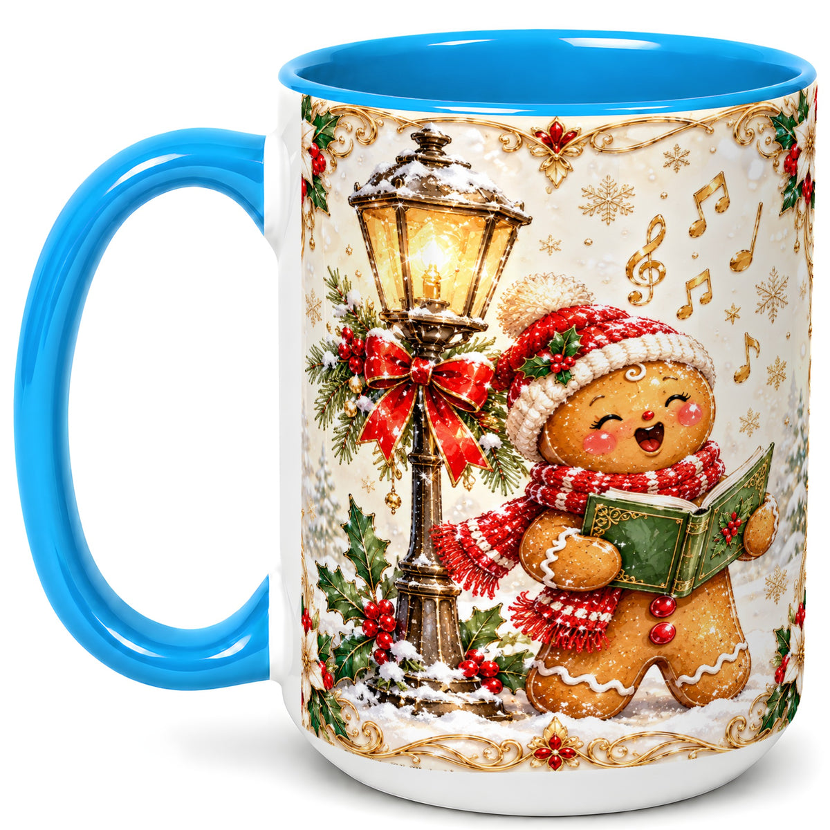 #pl[15oz|Blue] Christmas Carol Gingerbread Coffee Mug, Holiday Singer Mug, Ceramic Cup