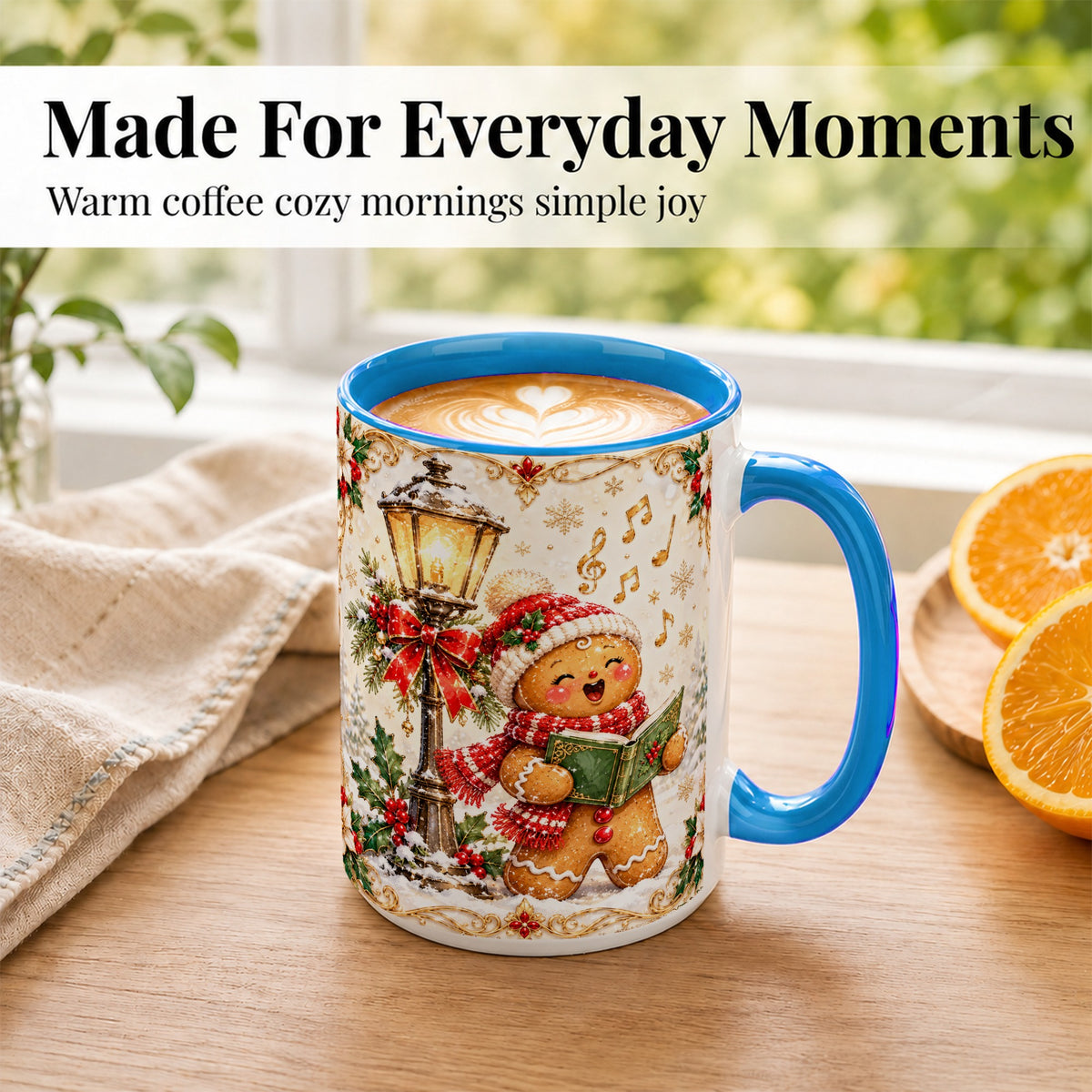 #pl[15oz|Blue] Christmas Carol Gingerbread Coffee Mug, Holiday Singer Mug, Ceramic Cup