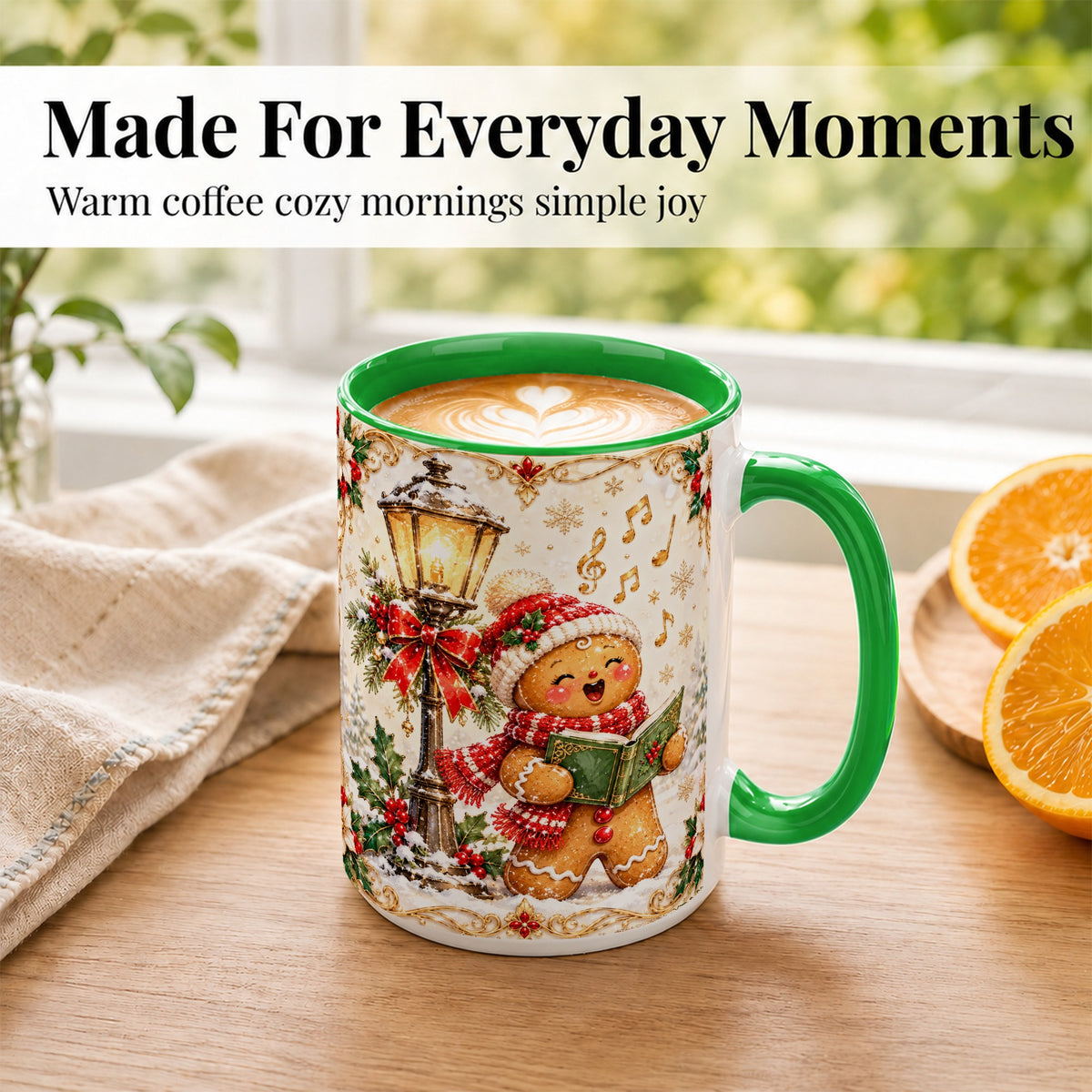 #pl[15oz|Green] Christmas Carol Gingerbread Coffee Mug, Holiday Singer Mug, Ceramic Cup