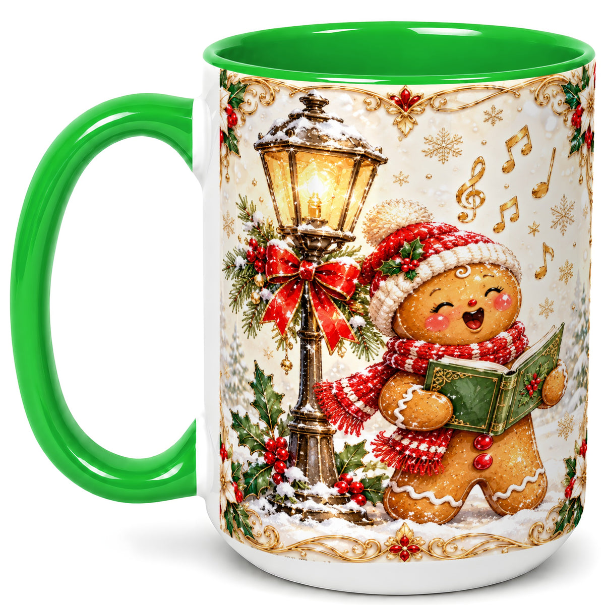 #pl[15oz|Green] Christmas Carol Gingerbread Coffee Mug, Holiday Singer Mug, Ceramic Cup