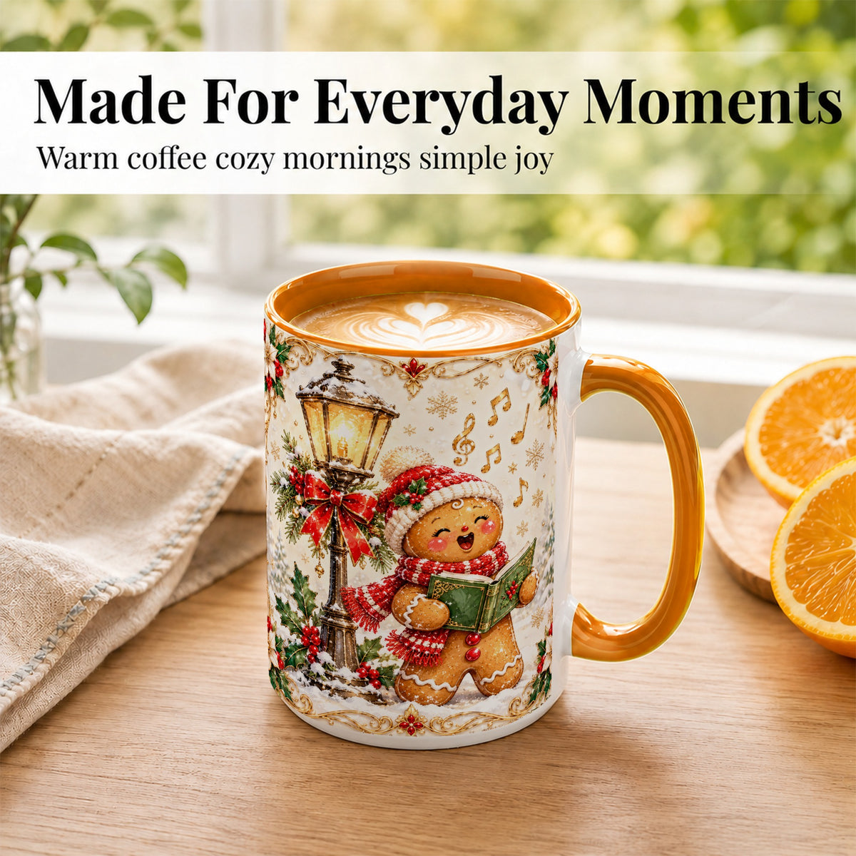 #pl[15oz|Orange] Christmas Carol Gingerbread Coffee Mug, Holiday Singer Mug, Ceramic Cup