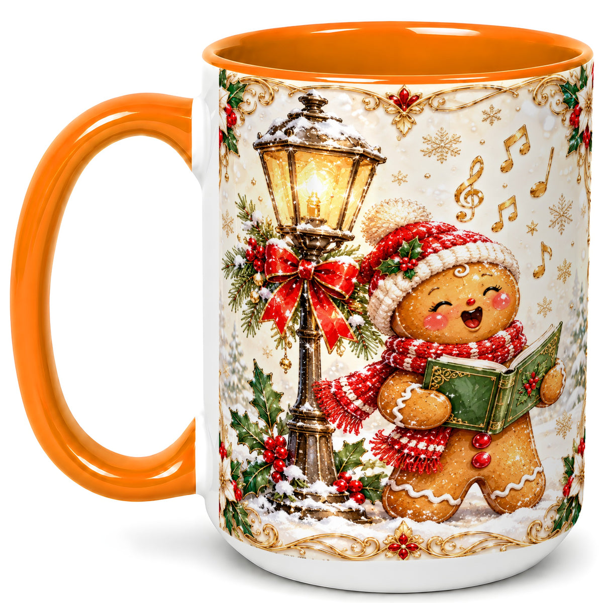 #pl[15oz|Orange] Christmas Carol Gingerbread Coffee Mug, Holiday Singer Mug, Ceramic Cup