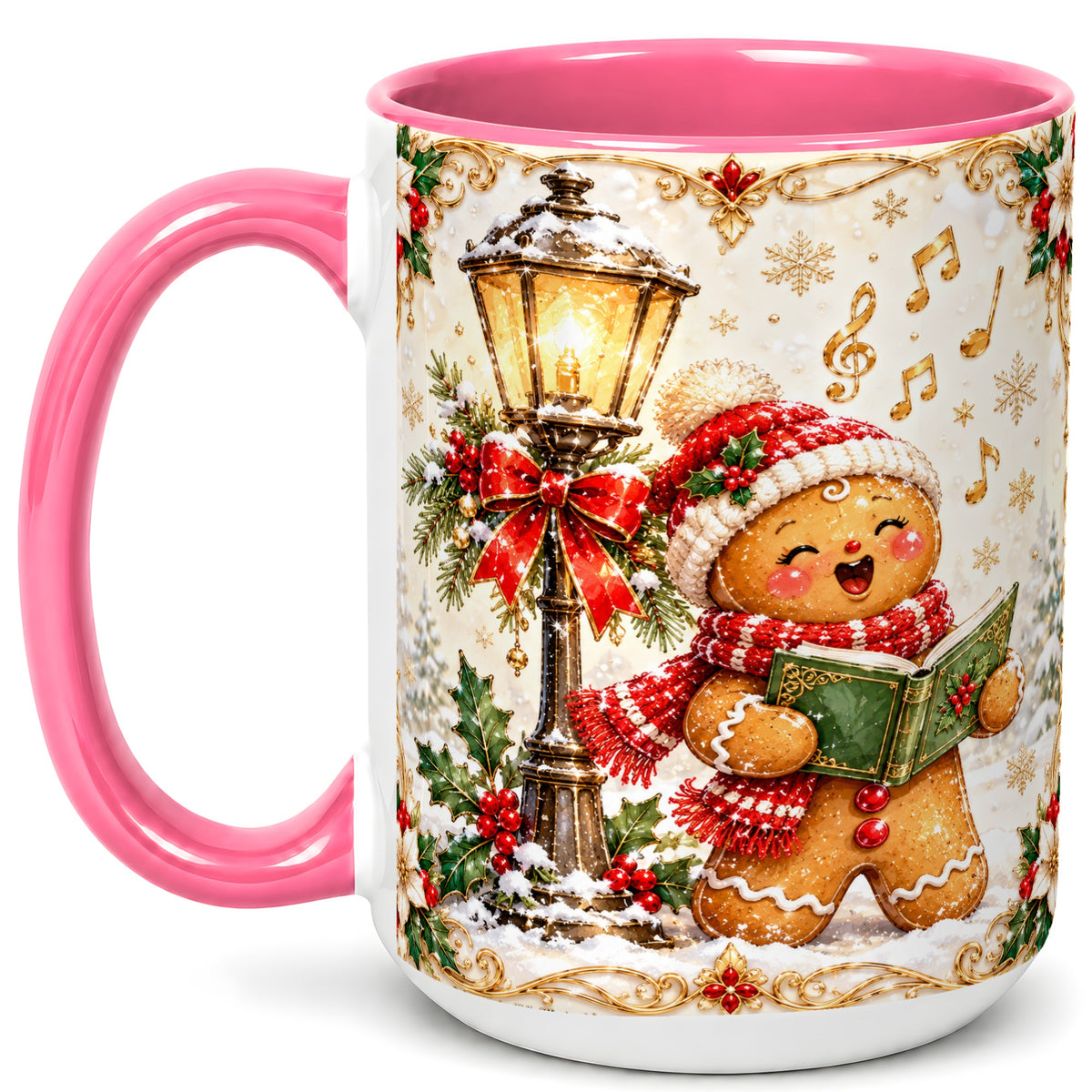 #pl[15oz|Pink] Christmas Carol Gingerbread Coffee Mug, Holiday Singer Mug, Ceramic Cup