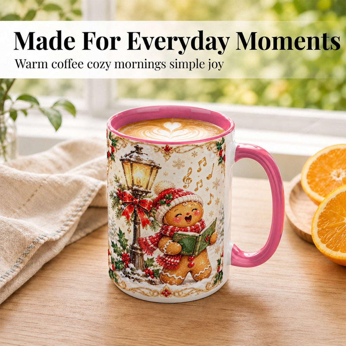#pl[15oz|Pink] Christmas Carol Gingerbread Coffee Mug, Holiday Singer Mug, Ceramic Cup