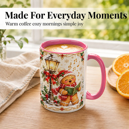 #pl[15oz|Pink] Christmas Carol Gingerbread Coffee Mug, Holiday Singer Mug, Ceramic Cup
