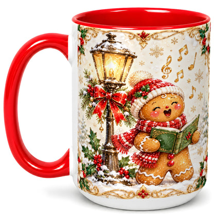 #pl[15oz|Red] Christmas Carol Gingerbread Coffee Mug, Holiday Singer Mug, Ceramic Cup