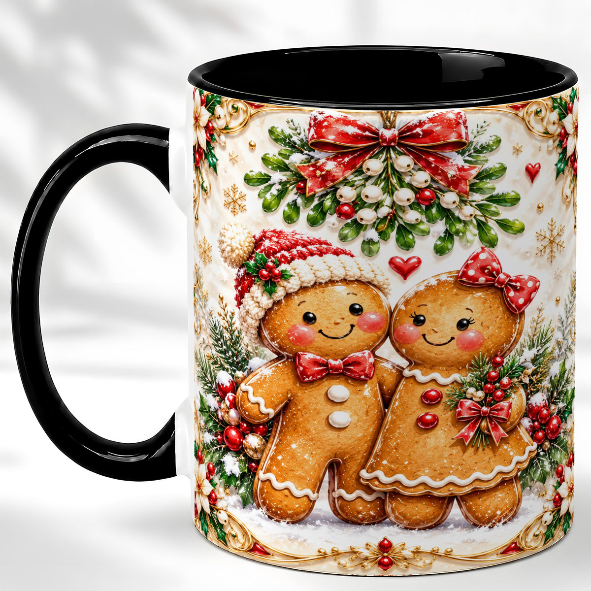 #pl[11oz|Black] Gingerbread Couple Coffee Mug, Mistletoe Christmas Mug, Ceramic Cup