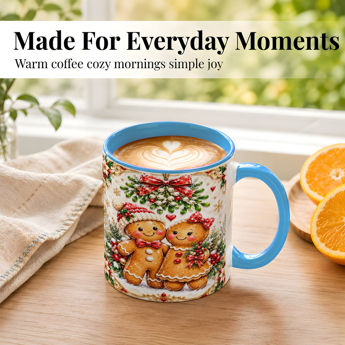 #pl[11oz|Blue] Gingerbread Couple Coffee Mug, Mistletoe Christmas Mug, Ceramic Cup