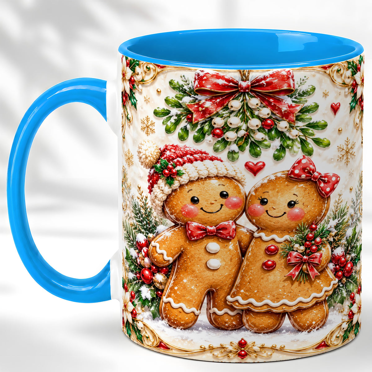 #pl[11oz|Blue] Gingerbread Couple Coffee Mug, Mistletoe Christmas Mug, Ceramic Cup