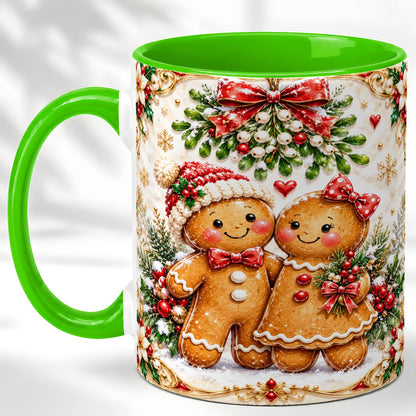 #pl[11oz|Green] Gingerbread Couple Coffee Mug, Mistletoe Christmas Mug, Ceramic Cup