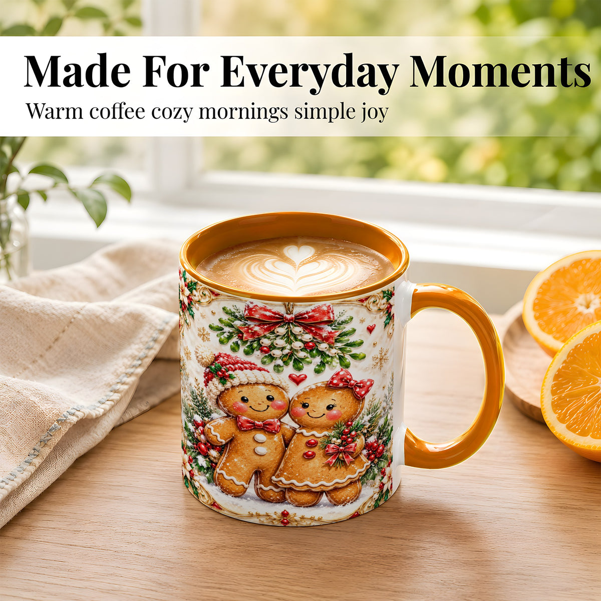 #pl[11oz|Orange] Gingerbread Couple Coffee Mug, Mistletoe Christmas Mug, Ceramic Cup