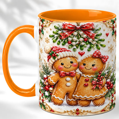 #pl[11oz|Orange] Gingerbread Couple Coffee Mug, Mistletoe Christmas Mug, Ceramic Cup