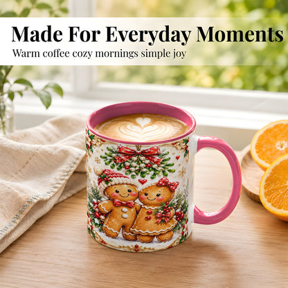 #pl[11oz|Pink] Gingerbread Couple Coffee Mug, Mistletoe Christmas Mug, Ceramic Cup