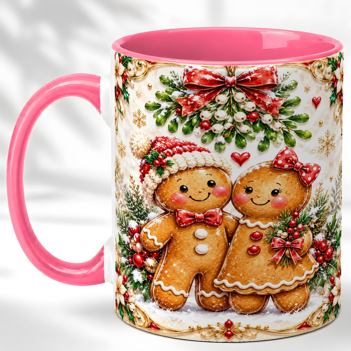 #pl[11oz|Pink] Gingerbread Couple Coffee Mug, Mistletoe Christmas Mug, Ceramic Cup